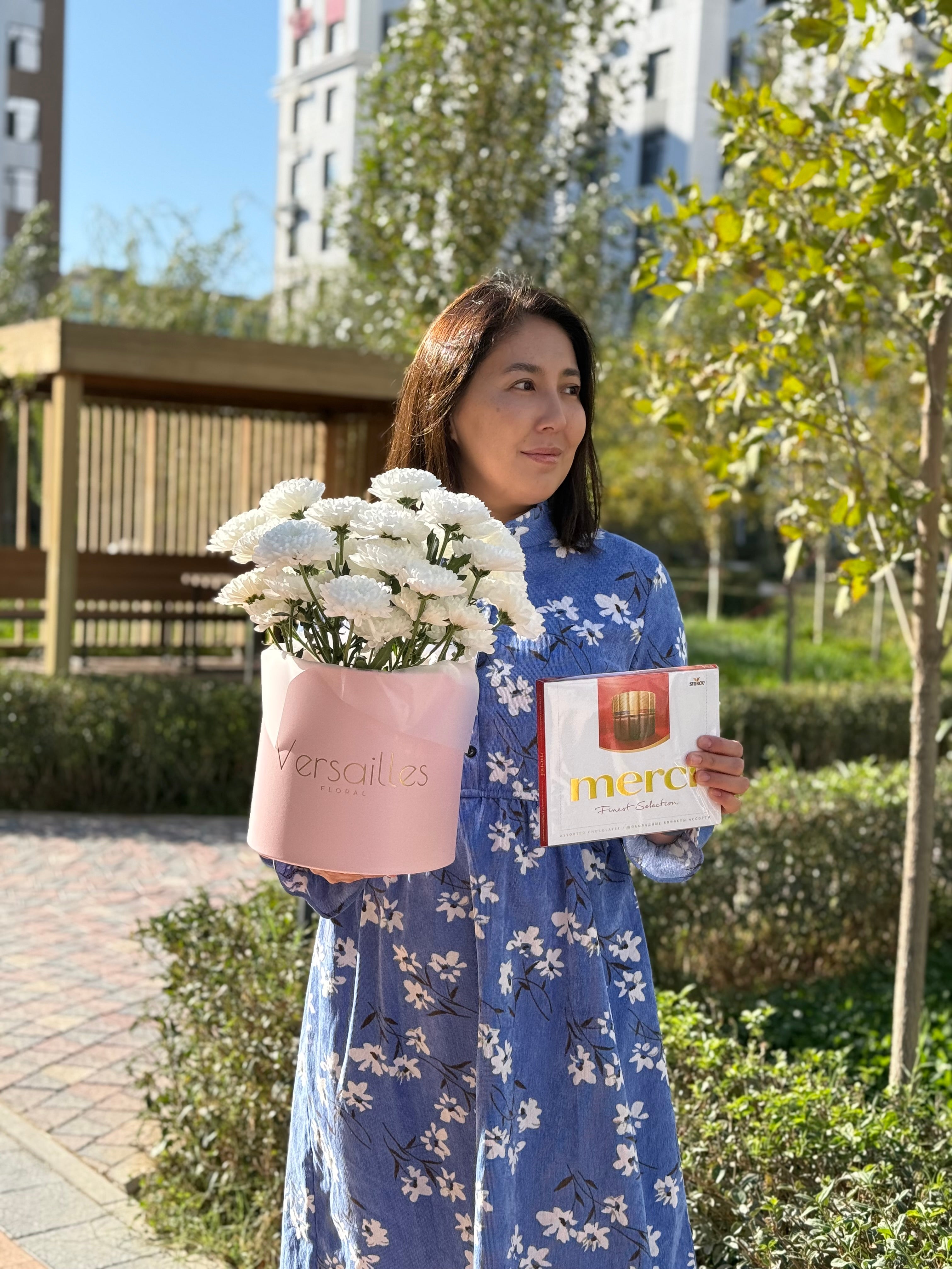 White Chrysanthemum Flower Box with Chocolate