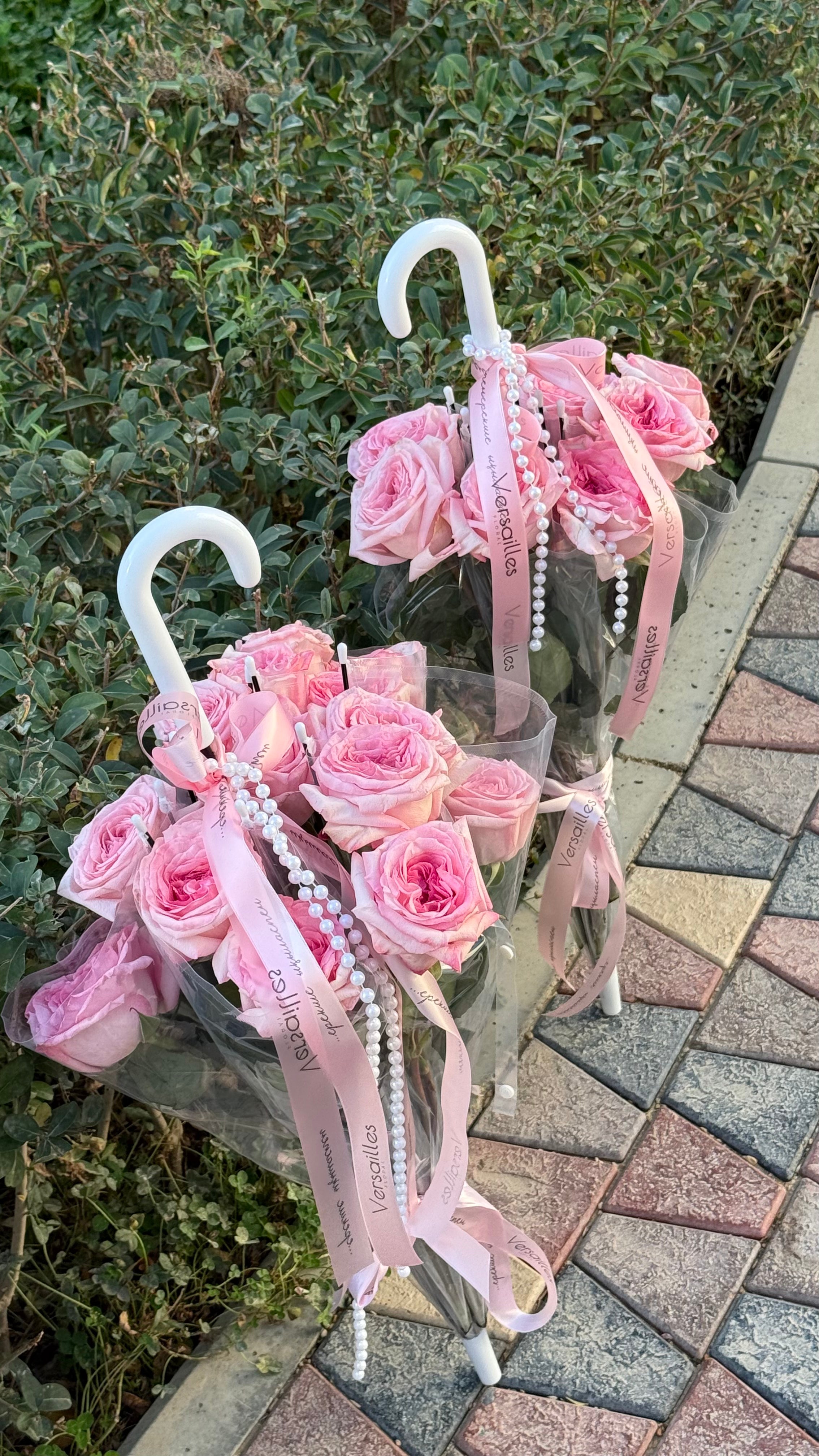 Pink O’Hara Roses in Umbrella Arrangement
