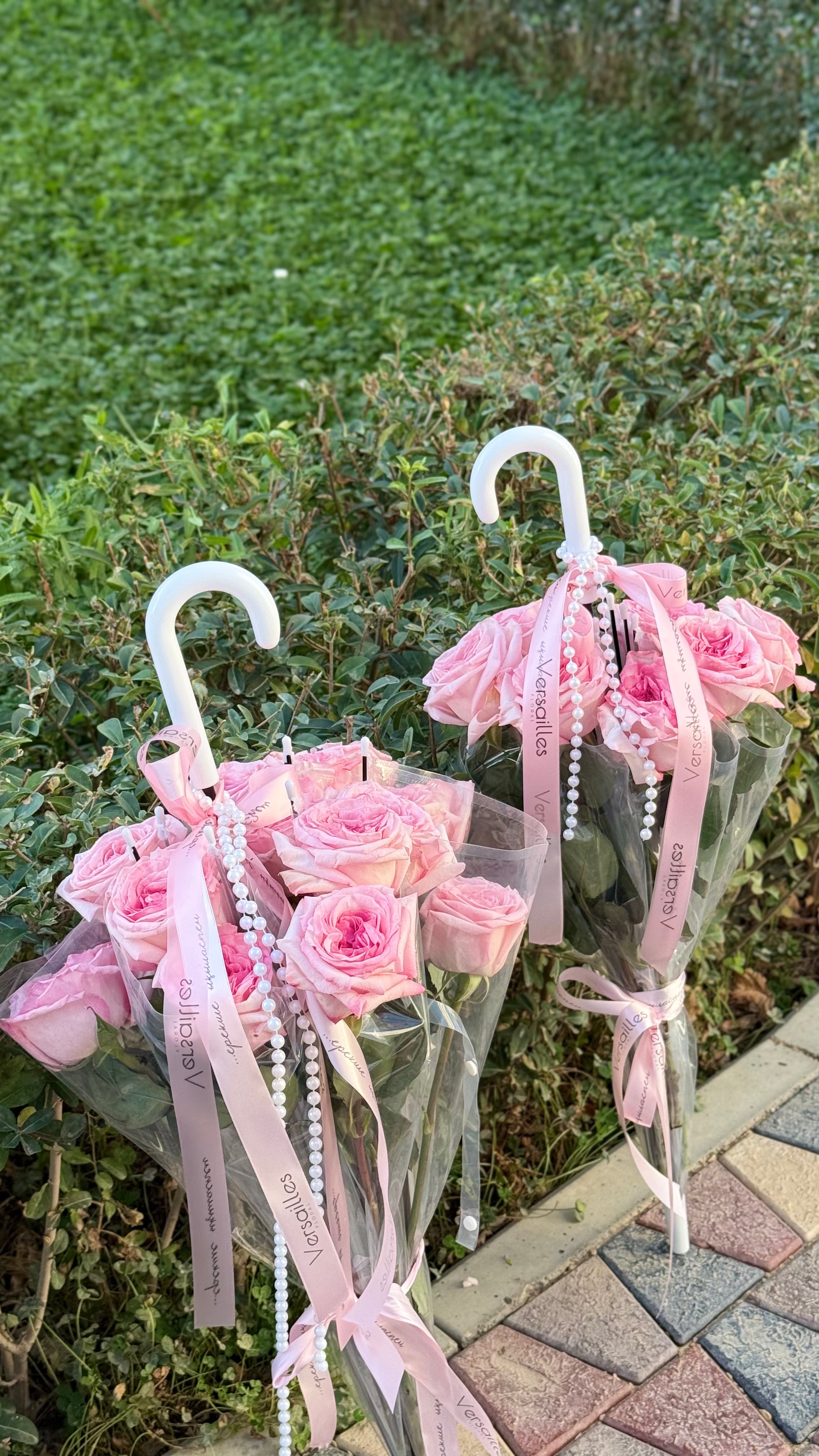 Pink O’Hara Roses in Umbrella Arrangement